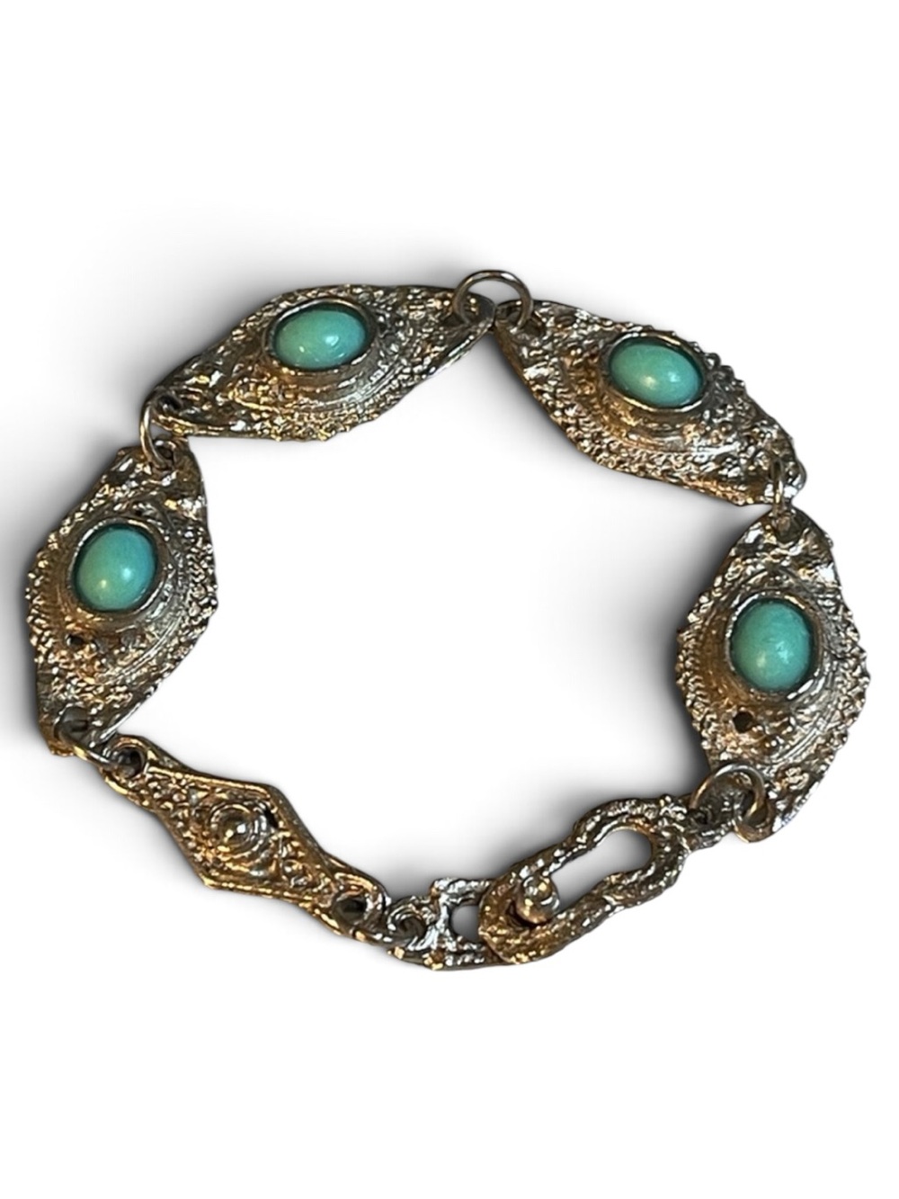1960’s Faux Turquoise Cabochon Ornate Silver-Tone Link Bracelet